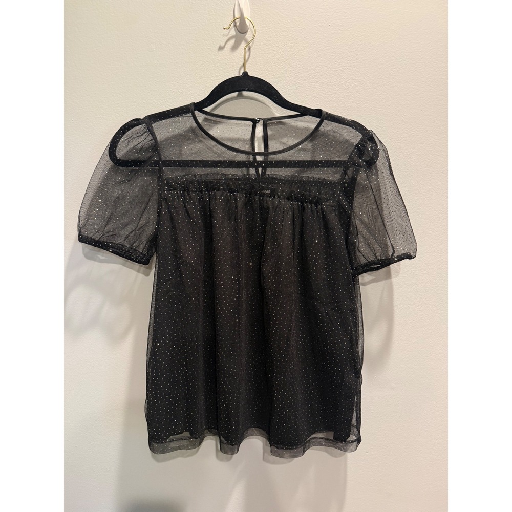 J.Crew Sparkle Puff-Sleeve Tulle Top Black Metallic Dot BV504 Womens XS NWT